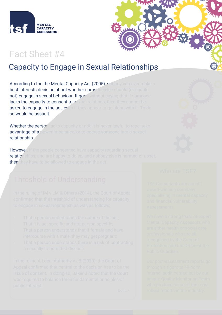 TsfAssessments's tweet photo. Fact Sheet #4 Capacity to Engage in Sexual Relationships.
Delving a little deeper into what is becoming an increasingly common mental capacity assessment. For the full 2-page fact sheet, please subscribe here: https://t.co/mPM3uZ4aSw

#mentalcapacity https://t.co/DZQ2etrzco