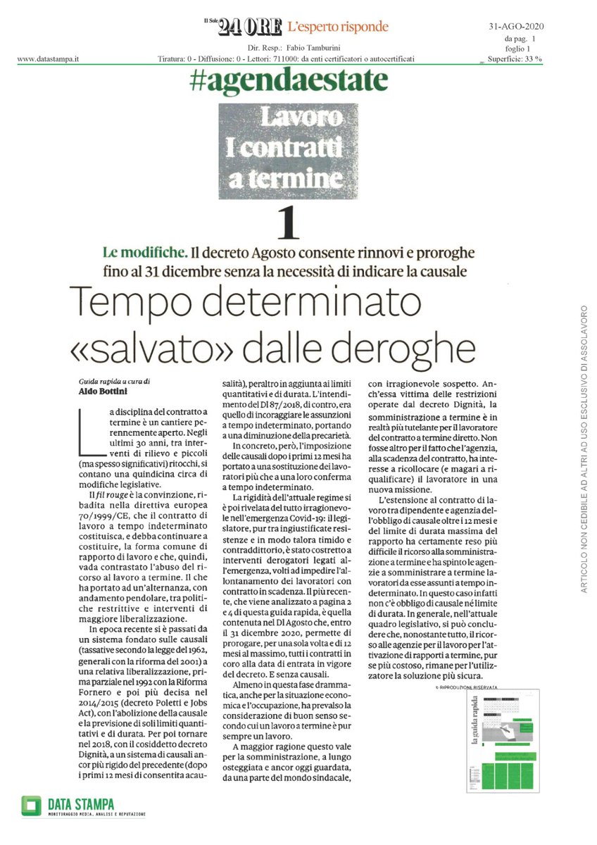 assolavoro's tweet photo. Il prof. @bottaldo su @sole24ore "La #somministrazione a termine è più tutelante per il lavoratore del #contrattoatermine diretto.Non fosse altro per il fatto che l'agenzia,alla scadenza del contratto,ha interesse a ricollocare il lavoratore in una nuova missione”#LavorodiValore https://t.co/GxBtgQHrWi