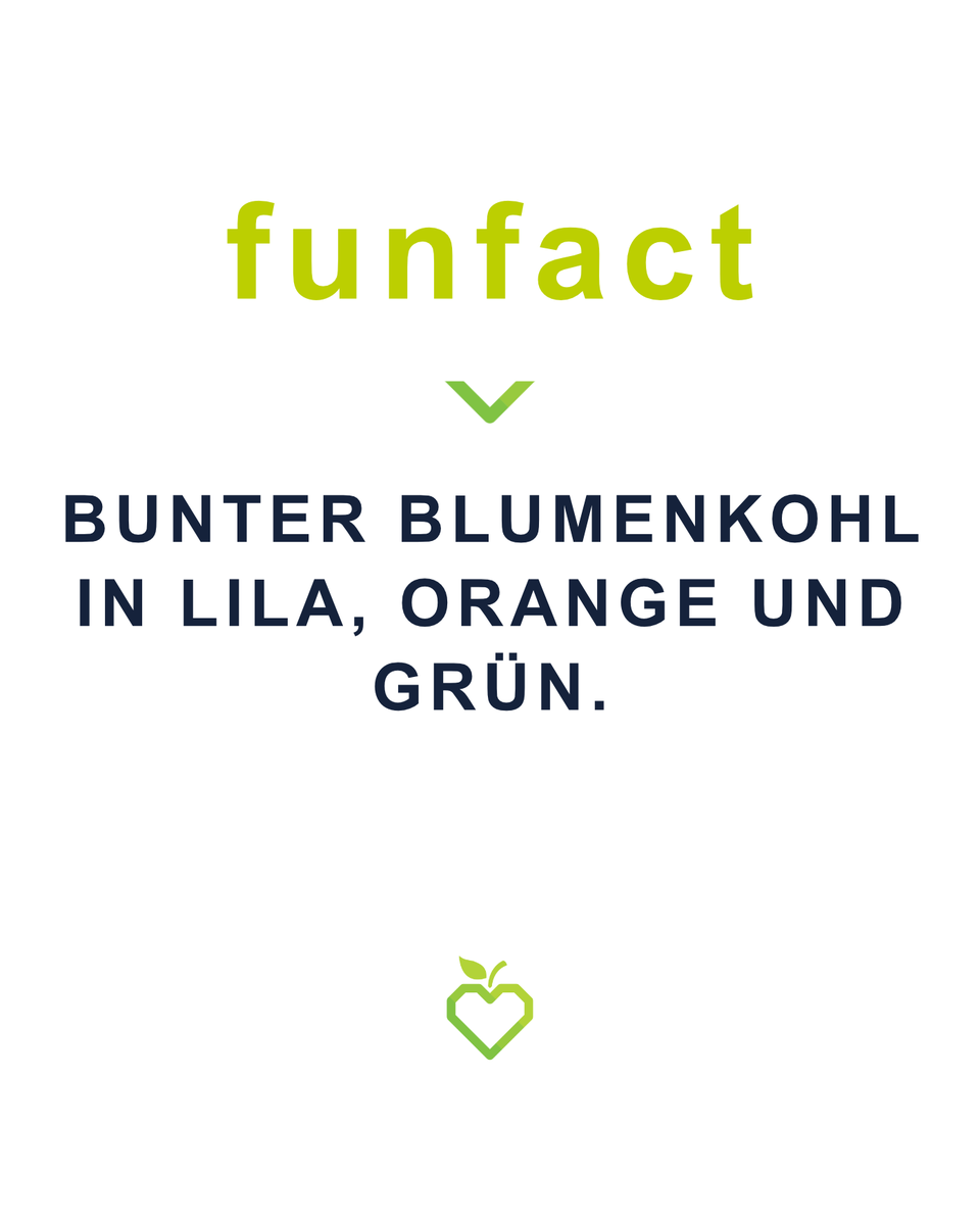 Klassisch Weiß, so kennen wir unseren Blumenkohl. 
Er wächst auf natürliche Weise auch in außergewöhnlichen Farben. Blumenkohl gibt es ganz natürlich auch in Grün, Lila und Orange. Wie experimentierfreudig seid Ihr: Welche Farbe würdet ihr aus dem Regal nehmen? #funfact