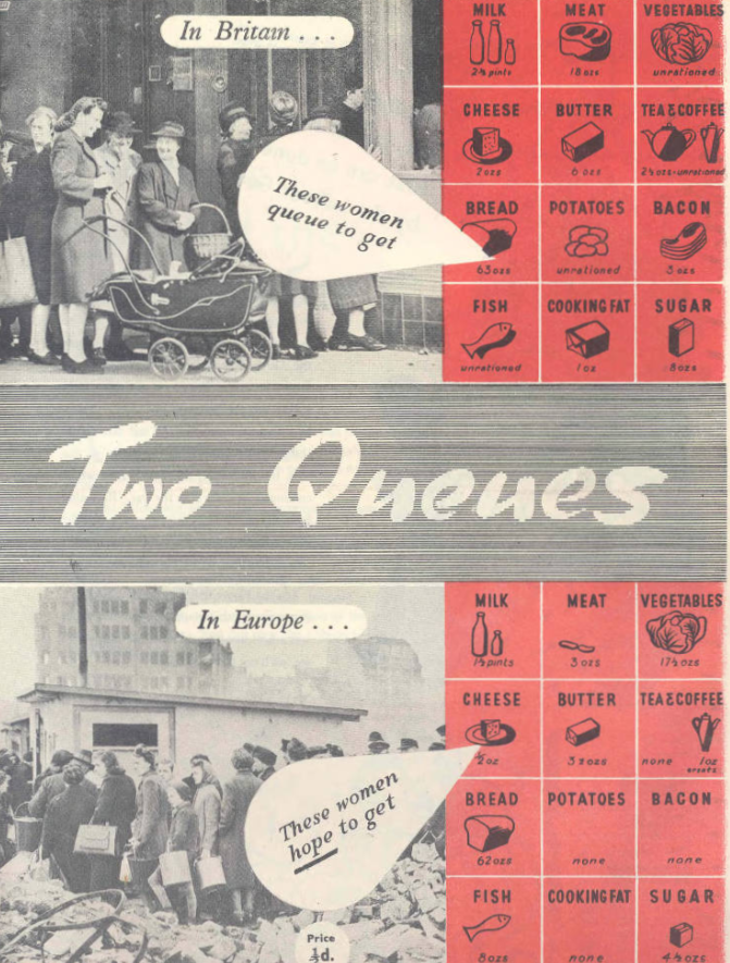 MRCWarwick's tweet photo. "Shopping's a real misery, having to queue for nearly everything" begins this 1946 leaflet on the Government's attempts to keep Britain supplied with food after WW2. It also describes world food prices &amp; shortages https://t.co/irYoOLvncC #archivez Q is for Queuing https://t.co/QGvOjZImnB
