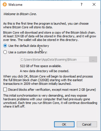 3/Step 2: Open Bitcoin Core and install it to "Use the default data directory".