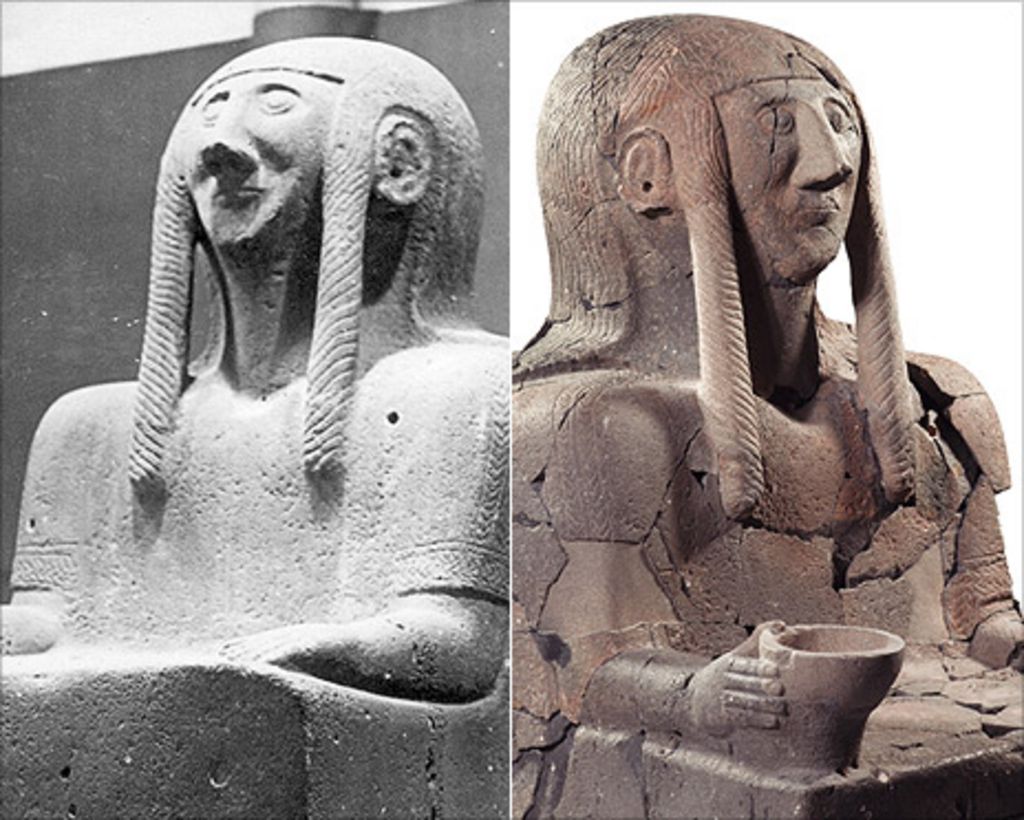 lui_log's tweet photo. @DrDonnaYates The statues of #TellHalaf, Northern Syria. Excavated and brought to Berlin in the 1920's, there hit by a firebomb in 1943. The heat shattered the basalt into tiny little pieces. They were restored from the 1990s until 2010: https://t.co/nQlXSxfEfd https://t.co/cHaVLTtlym