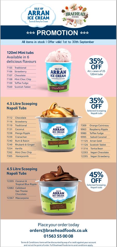 ⚡️PROMO⚡️ Receive up to 45% off selected Isle of Arran ice creams from now until 30th September! All items in stock, call telesales today on 01563 550 008. Just in time for @scotfooddrink fortnight... #ScotFoodFort20  #September2020  #LoveIceCream #BraeheadFoods