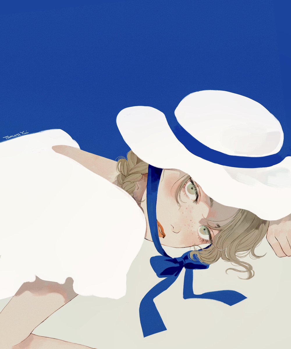 1girl solo blue ribbon hat freckles white headwear looking at viewer  illustration images