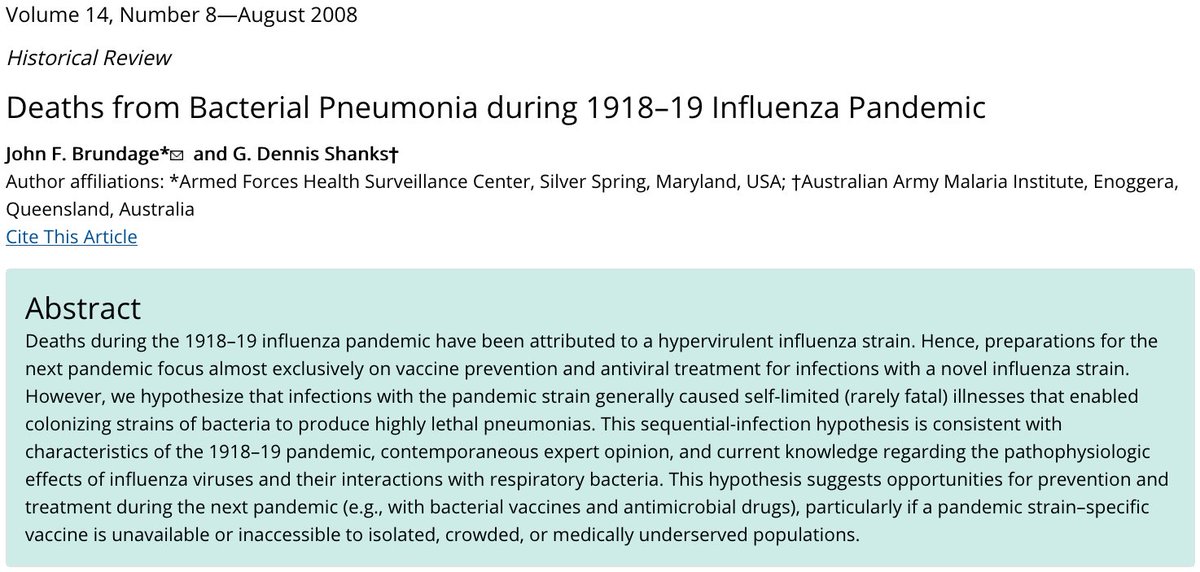 102) Here is a 2008 CDC paper that describes the primary role of bacterial pneumonia during the 1918 pandemic. https://wwwnc.cdc.gov/eid/article/14/8/07-1313_article