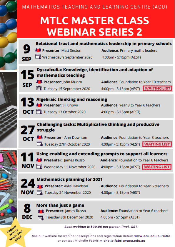 Mathematics Teaching and Learning Centre (@mtlc_acu) on Twitter photo It's been a busy few days at the MTLC where we have seen three of our webinars for series 2 reach capacity (waiting list only)! There are still four fantastic sessions still available, but spaces are filling fast. Register now to secure your spot acu.edu.au/mtlc It's been a busy few days at the MTLC where we have seen three of our webinars for series 2 reach capacity (waiting list only)! There are still four fantastic sessions still available, but spaces are filling fast. Register now to secure your spot acu.edu.au/mtlc