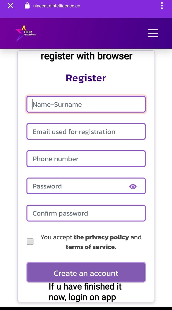3.You can login with 'facebook' or create more account with 'email'Note:DON'T REGISTER YOUR EMAIL ON THE APP! bcs it requires thai's phone number. Use any browser to sign up.Link to register:  https://nineent.dintelligence.co/register *make some acc more reccomendedLast, try Log-in on app