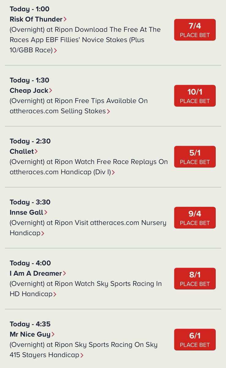 PMulrennan's tweet photo. Busy day ahead @RiponRaces with 6 rides #RiskOfThunder for #JamesTate #CheapJack for #RonThompson #Challet for @mdodsracing #InnseGal @jardineracing #IAmADreamer for @ptmidgley and #MrNiceGuy for #ClareHobson the very best of luck to everyone today 🐎🐎🐎🤞🤞 https://t.co/wyhg5ivunx