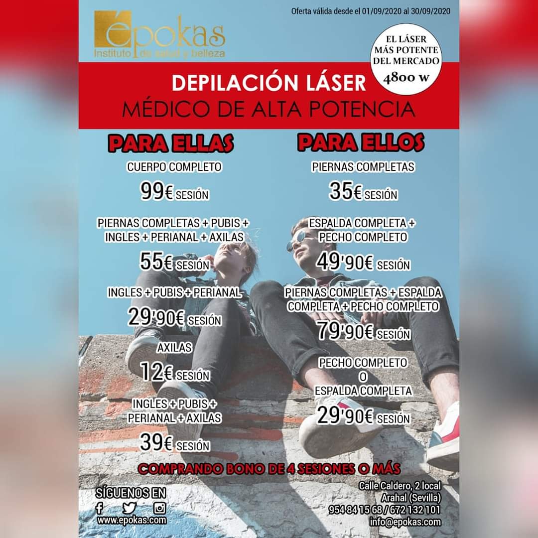 DEPILACIÓN LÁSER MEDICO DE DIODO DE ULTRA ALTA POTENCIA 4800w
✅Estudiamos la piel y el vello en cada sesion
✅ Compra tu bono ahora y comienza cuando quieras
✅Somos especialistas en depilación láser 
✅NO SOMOS FRANQUICIA 
✅Todos los láseres de depilación NO son iguales
