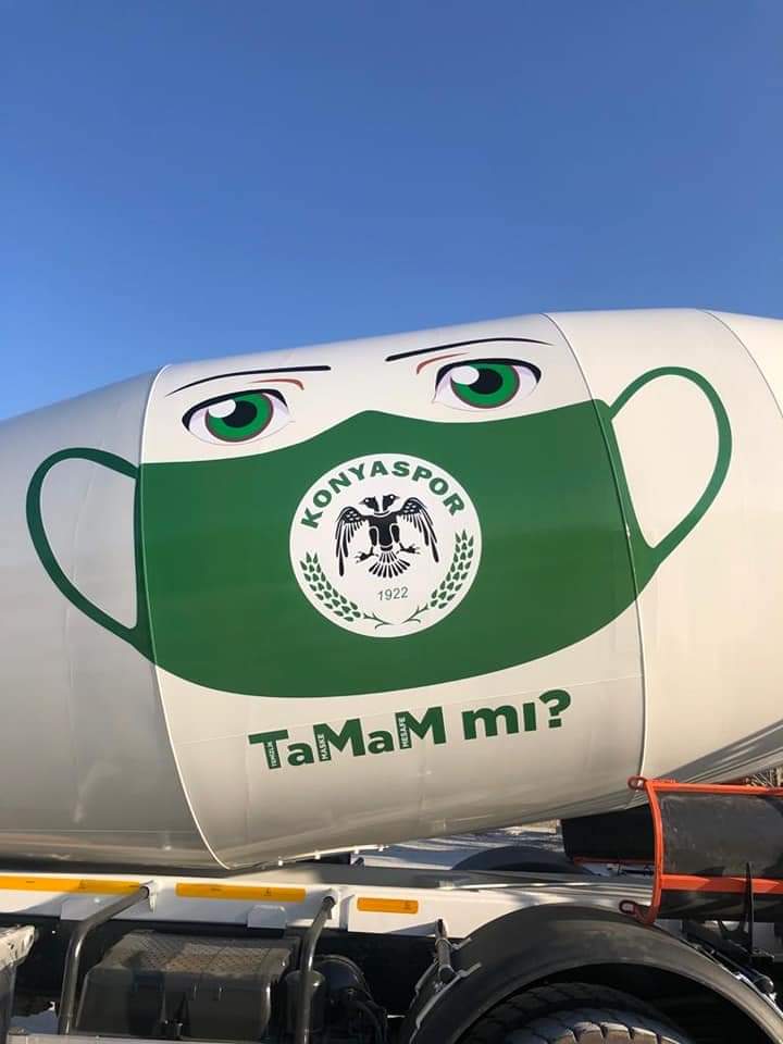 #Konya'da örnek farkındalık uygulaması. 😷

Konya'da bir beton firması mikserlerinin üzerine #Konyaspor maskeli ikon ve Temizlik (T), Maske (M), Mesafe (M) uyarısı yazdı. TMM mı? 👏