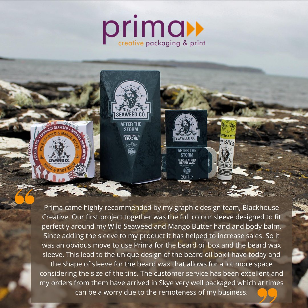 Really lovely testimonial from Ben at Isle of Skye Seaweed Co, <a href="/skyeseaweed/">Skye Seaweed Co.</a>, on the #beard #productpackaging we have manufactured. Made in Britain too ... #WorldBeardDay