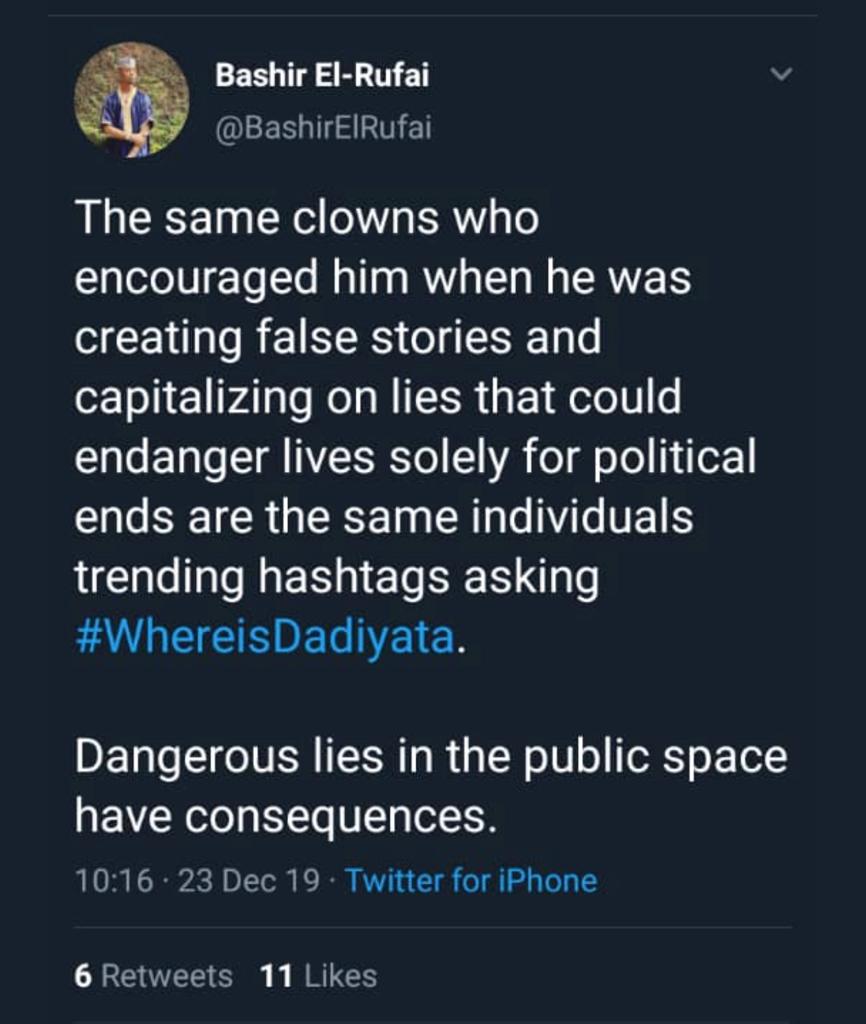 Abubakar Idris (Dadiyata): University lecturer, abducted from the gate of his house in Barnawa Kaduna on 1 august 2019 & disappeared since. He is one of  @elrufai's most prominent critics. Bashir El-Rufai implies that he knows smithing about this abduction. #WhereIsDadiyata