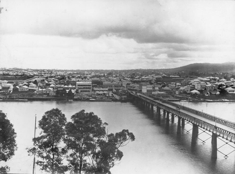 Aboriginal people were driven from the town centre, with the closest camps in Musgrave Park (just beyond the buildings in this photo). Meanwhile, white Brisbanites were petitioning parliament to allow the slavery of Pacific Islanders to “relieve” the economic depression.