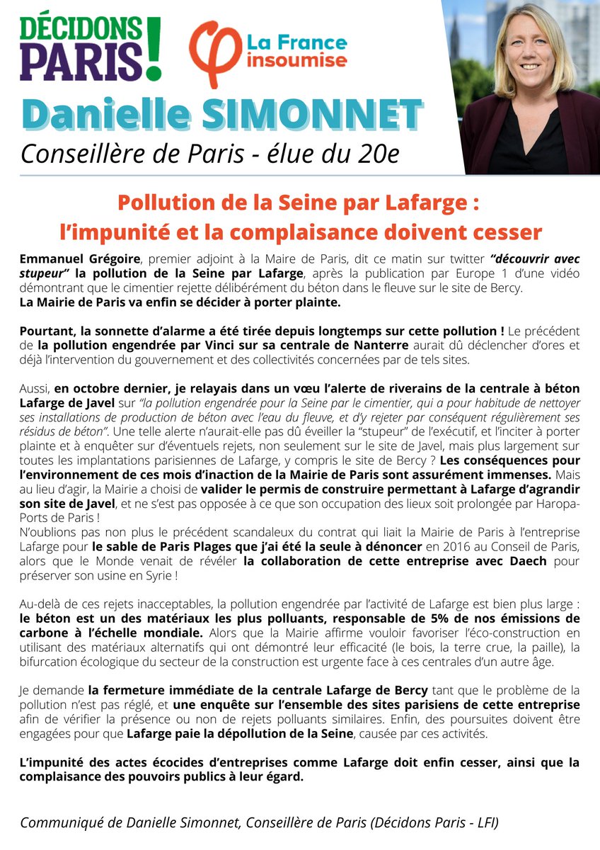 🛑 Pollution de la Seine par #Lafarge : l’impunité et la complaisance doivent cesser ! 

Je demande :
🔒 la fermeture immédiate du site polluant
🔎une enquête sur tous les sites parisiens de cette entreprise 
💰 que Lafarge soit poursuivi et paie la dépollution de la Seine
