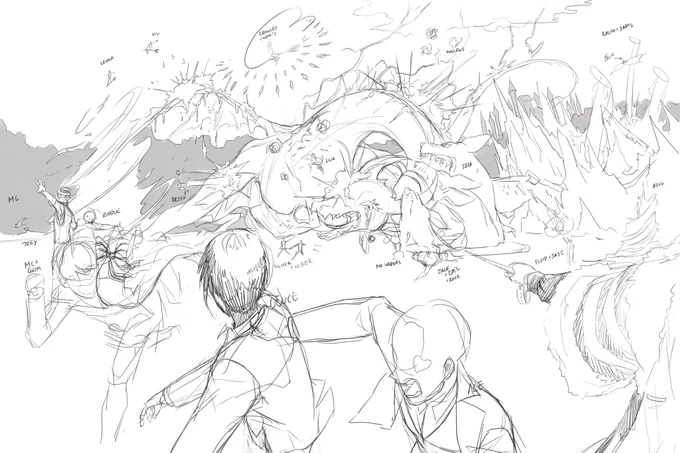 Okay last WIP stuff for today... actually kinda excited about this one cuz I love action scenes and it was fun thinking about what everyone would be doing! 

(+character thoughts in thread below) 