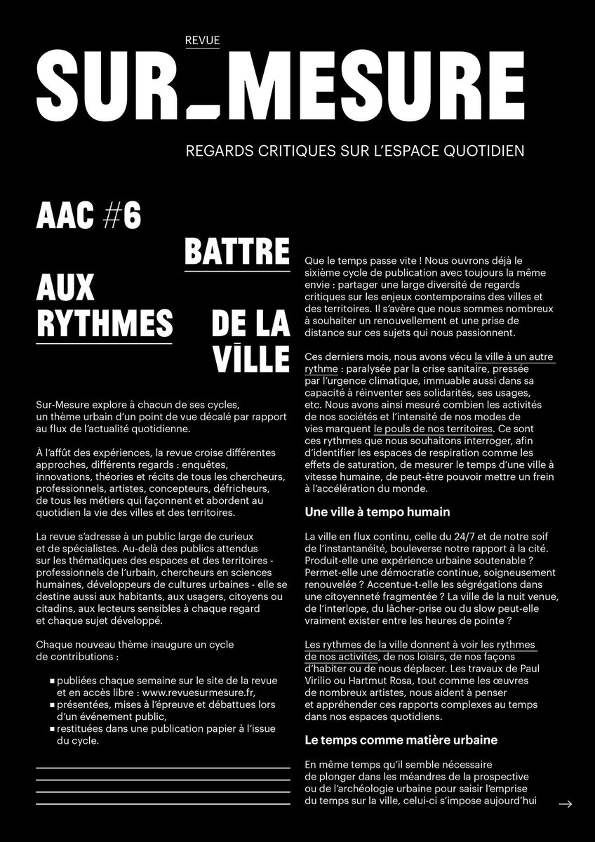 Revue_SurMesure's tweet image. APPEL À CONTRIBUTION #06 ▌Battre aux rythmes de la ville

C'est la rentrée !🤓
On vous dévoile notre nouvel AAC, qui interroge les temps de la ville et leurs enjeux ⏱️
👉revuesurmesure.fr/content/sm_aac…
