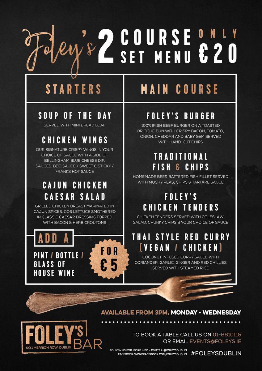 Hungry? Why not try our 2 course set menu which we are running every Monday - Wednesday from 3pm!

To book a table call us on 01-6610115 or email at events@foleys.ie  

#foleysdublin #foleysbar #dublin #gastrobar #restaurant #dining #dineindublin #dinner #food #bookings #setmenu