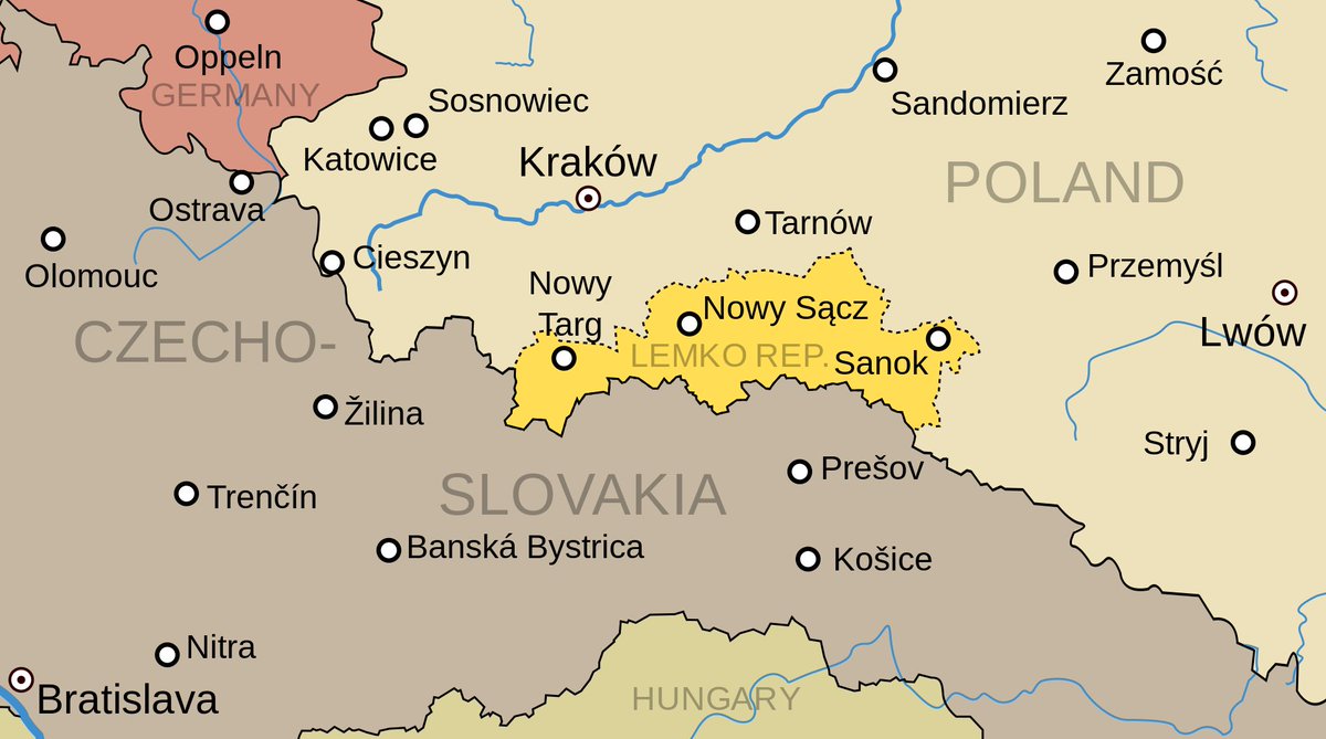 8/x Following the end of WW1 and collapse of Austria-Hungary, Lemkos founded two short-lived republics, the Lemko-Rusyn Republic in the west of Galicia, which had a russophile orientation, and the Komancza Republic, with a Ukrainophilic orientation.  https://en.wikipedia.org/wiki/Lemko_Republic