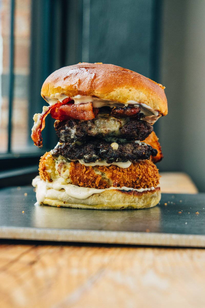 THE BREW-TINE
Two burger patties
potato bacon croquette
Peppercorn Gouda 
Honey Wheat Ale sweet bacon
all dressed aioli
beer mustard
brioche bun

We have FREE DELIVERY to Charlottetown, Stratford &amp; Cornwall until September 7! Promo code FREE2020 (MHG Delivered app)