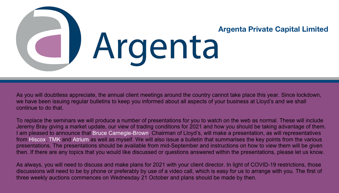ArgentaPCL's tweet photo. 📰 Update from our Chairman David Monksfield regarding this year’s upcoming annual client meetings. @LloydsofLondon @BNCB @HiscoxUK @HiscoxComms @TMKiln @AtriumUw #Investment #Investing #London https://t.co/Vr5QRFdEDI