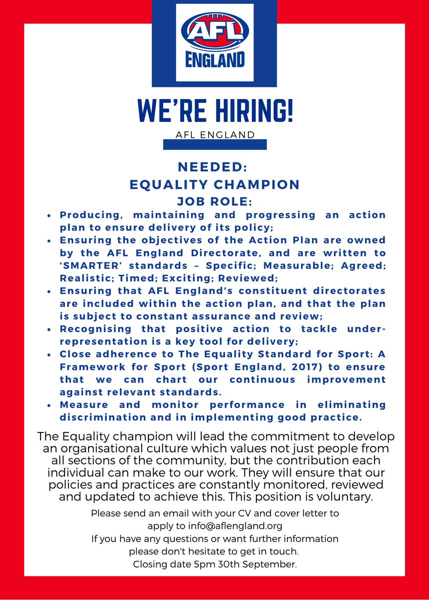 We're Hiring!

Equality Champion:
The Equality Champion has the overall responsibility for the implementation of the Equality Policy and for achieving the equality action plan.

To apply please email your CV and cover letter to info@aflengland.org. This position is voluntary.