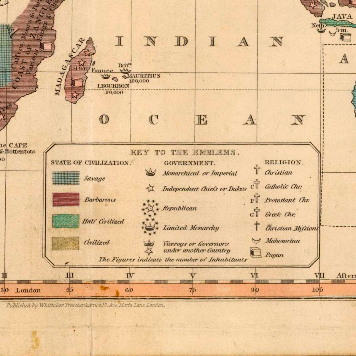 In 1827, American geographer WC Woodbridge published a map called "Moral & political chart of the inhabited World. It classified the world into 4 groups - savages, barbarians, half-civilized, and civilized.