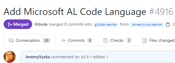 JeremyVyska's tweet photo. OK, I just got super excited  🥳🥳🥳

It'll probably take a bit before we start to see it (during check-in, not existing code), but sometime soon, GitHub will start to recognize #MSDyn365BC "AL Code" as "AL Code" instead of "Perl". https://t.co/EPfxGRwaSx