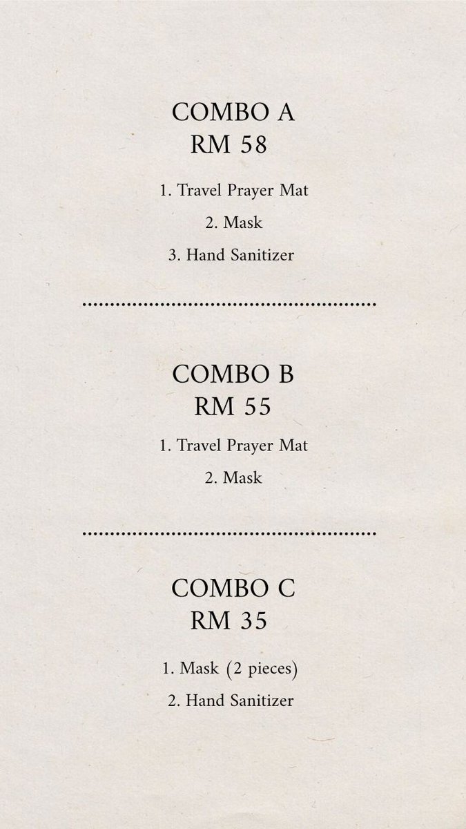 Nak mask? Nak hand sanitizer? Pun ade. Beli sekali dengan sejadah. Ada combo. Macam macam warna ade