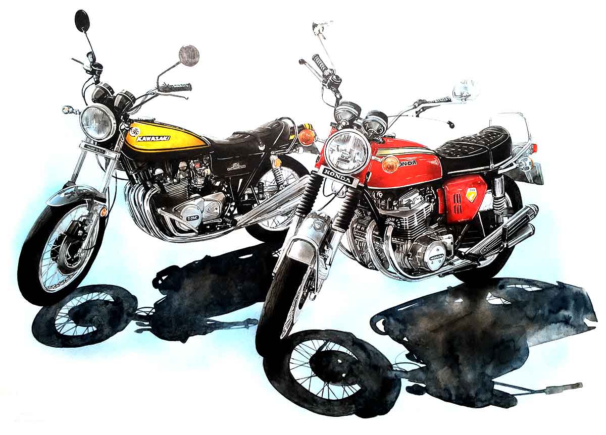 CB750Four 水彩画　バイク　原画1 カワサキZⅠとホンダCB750Fourのイラスト。やっぱり旧車はいいなぁ