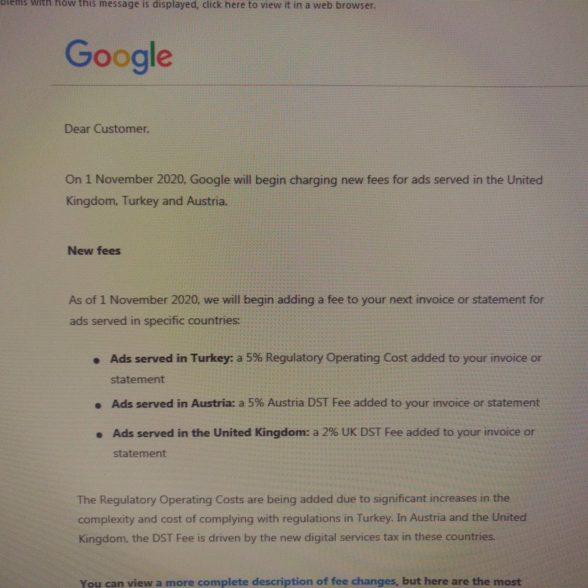 Well done <a href="/10DowningStreet/">UK Prime Minister</a> so rather than get these companies to swallow the 2% charge <a href="/Google/">Google</a> are greedy enough to just add to business's costs and pass this on! #Google #Overcharge #Tax #Fees