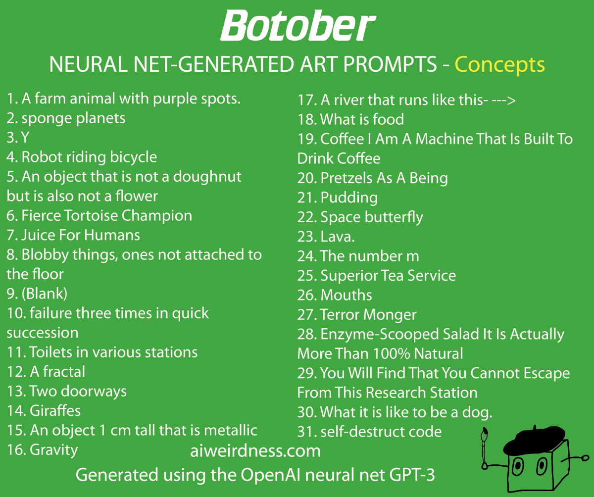 For the first  #Botober collection I generated, I had GPT-3 generate "things". Here's an alternate collection in which I had the neural net generate "concepts". It's different, but I'm not sure if it's easier.