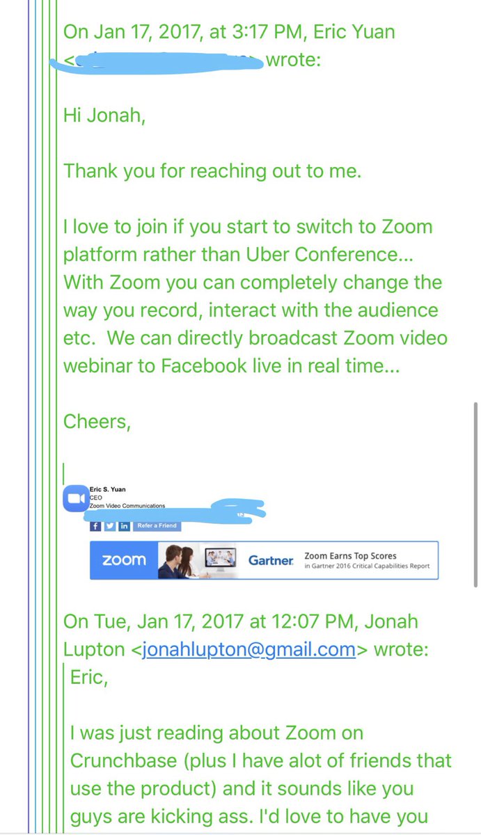 Around the same time that Eric was out raising capital I sent him an email to be a guest on my podcast and he was kind enough to reply.I’ve saved it all these years because I knew  $ZM was going to be huge one day.You can tell  @ericsyuan had tremendous passion for his company.