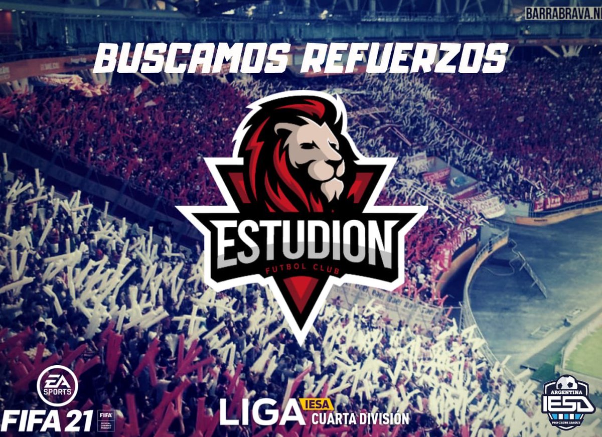[ VENITE A ESTUDION ]

Buscamos refuerzos en todas las posiciones de cara al #Fifa21 

- Experiencia en <a href="/IESAArgentina/">IESA</a> 
- Disponibilidad horaria de L a J 22:30 a 00:00 
- Mayores de 14 años 
- Mic si o si ! 

POR FAVOR SI NOS AYUDAN CON UN RT @IESA_fichajes