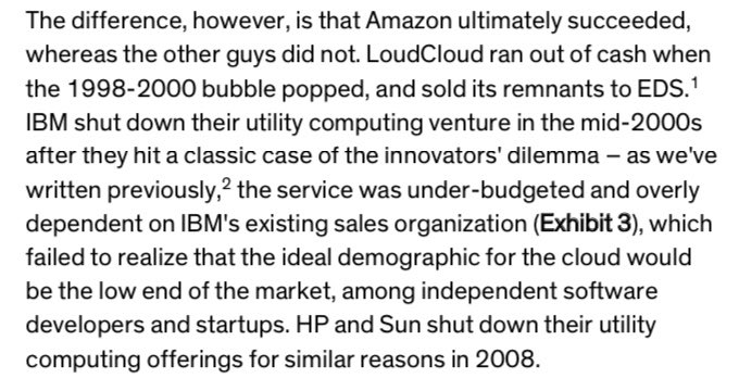4/ There are *so* many examples of major tech companies being founded on failed ideas: AWS (vs LoudCloud and IBM Utility Computing)Virtually all SaaS companies (vs the ASPs of the late 90s)Google (vs Altavista)Tesla (vs the GM EV1)Spotify (vs Pressplay / MusicNet)