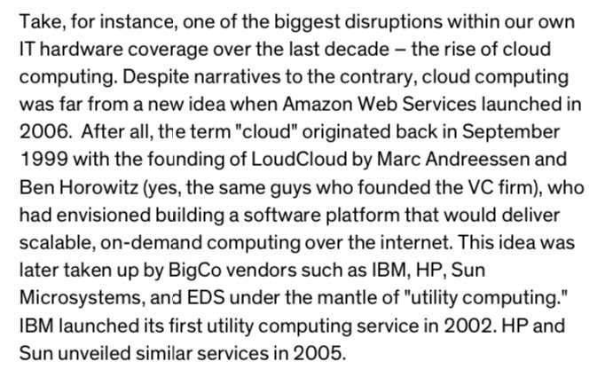 4/ There are *so* many examples of major tech companies being founded on failed ideas: AWS (vs LoudCloud and IBM Utility Computing)Virtually all SaaS companies (vs the ASPs of the late 90s)Google (vs Altavista)Tesla (vs the GM EV1)Spotify (vs Pressplay / MusicNet)