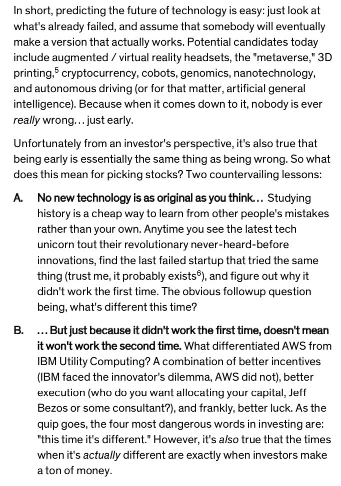5/ "In short, predicting the future of technology is easy: just look at what's already failed, and assume that somebody will eventually make a version that actually works"Incentives matter. Execution matters. Luck matters!