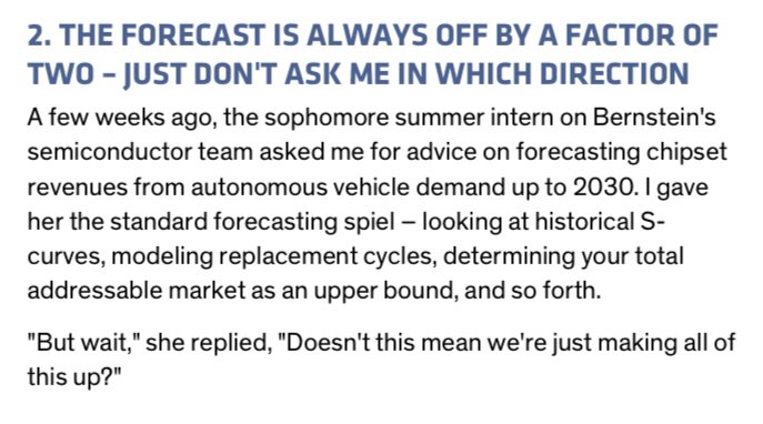 6/ "The forecast is always off by a factor of 2 - just don't ask me in which direction"This second maxim probably resonates with anyone who's ever worked on the sell-side...When it comes to forecasts, nobody knows anything. Always distrust straight lines on charts