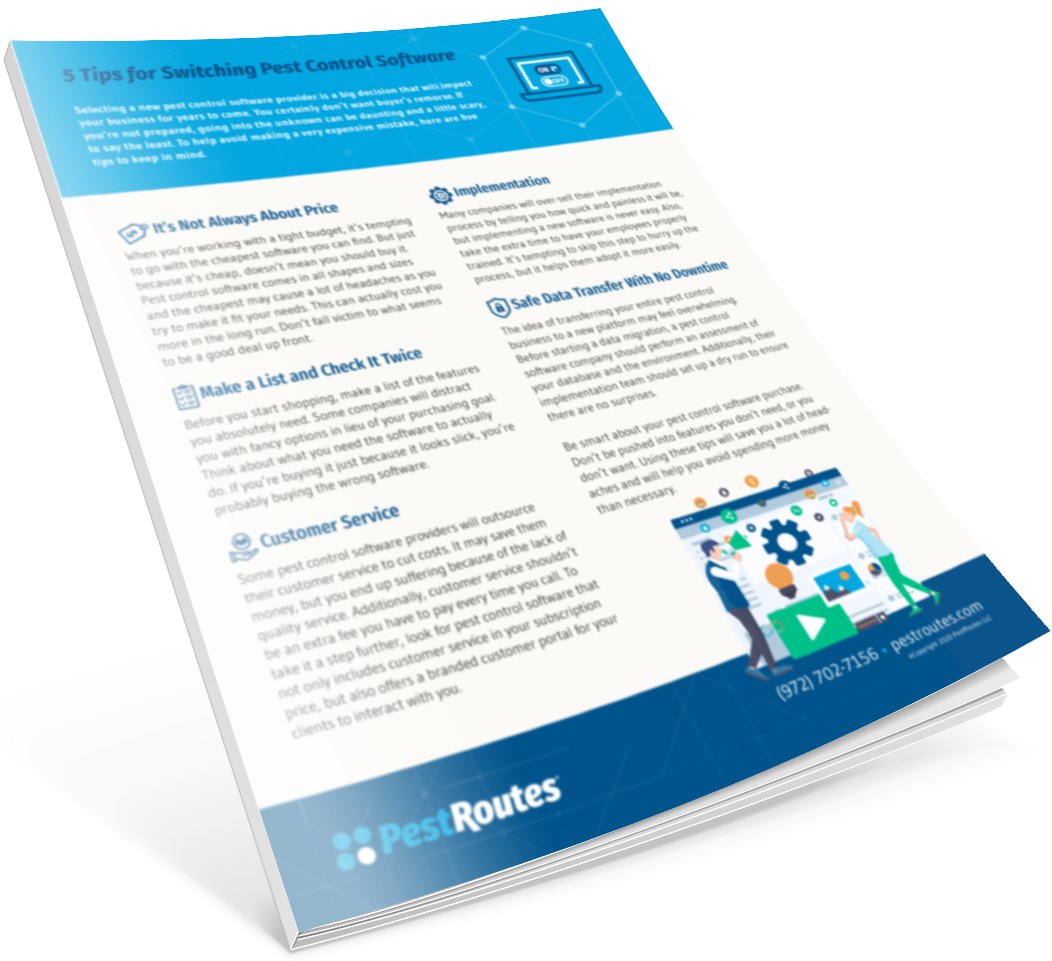 FieldRoutes's tweet image. When the time comes to switch pest control software, you want to make sure you have done your homework. Our latest tips sheet provides advice to consider before you make the switch. Download it here:
ow.ly/Fcfk50B4aGB 
#PestControl #PestControlSoftware #SwitchSoftware