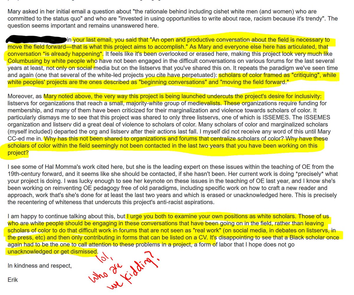 They have not been interested in racISM & they have not put into practice that they care about scholars of color unless they find shields who will support them. Here's  @erik_kaars response to our biblio & problems w/ the project: 30/