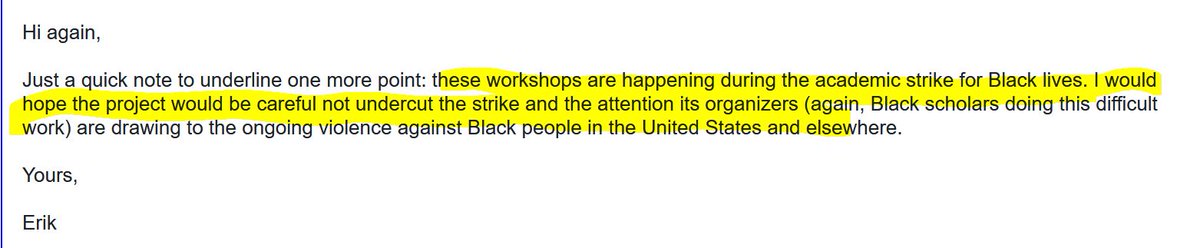 They have not been interested in racISM & they have not put into practice that they care about scholars of color unless they find shields who will support them. Here's  @erik_kaars response to our biblio & problems w/ the project: 30/