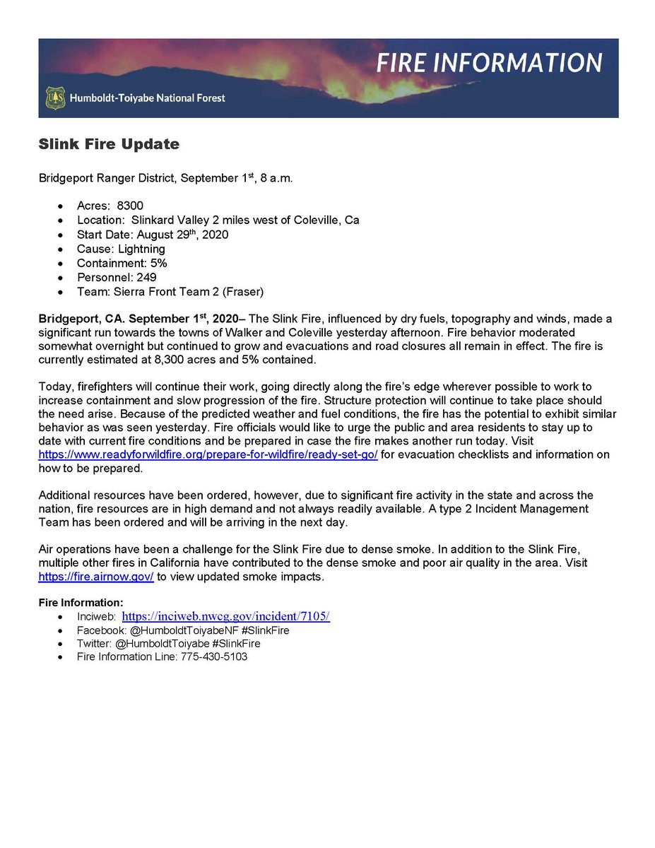 HumboldtToiyabe's tweet image. The #SlinkFire made a significant run towards the towns of Walker and Coleville yesterday afternoon. Fire behavior moderated somewhat overnight but continued to grow and evacuations and road closures all remain in effect. Fire is currently 8,300 acres. inciweb.nwcg.gov/incident/7105/
