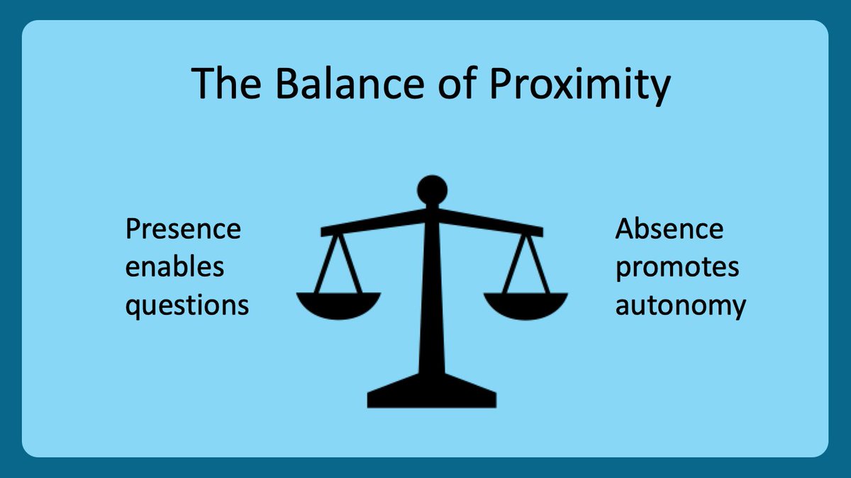 11/ Physical proximity lowers the barrier to ask questions, which has pros & cons.Being present makes it easier for others to ask you questions. This can be good. But significant learning also occurs when learners are on their own (eg. nightfloat)Appropriate balance is key