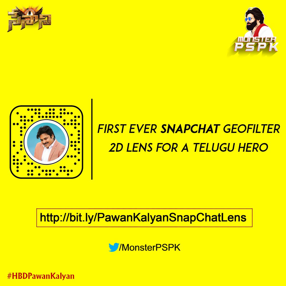 TrendPSPK's tweet photo. A Special Surprise for #Powerstar fans from Team @MonsterPSPK 🔥

They're all set to unveil #Janasenani @PawanKalyan's @Snapchat Geofilter 2D Lens that's happening for the 1st time ever to a Telugu Hero.

👉https://t.co/unP6G09kVI

#HBDPawanKalyan https://t.co/up5ukcGlD7