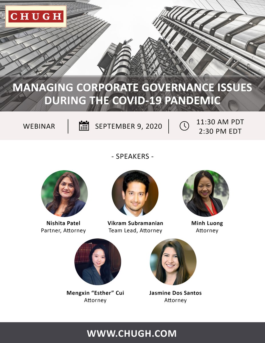 Protect your business’s future against current uncertainty. Join our Chugh, LLP team to learn more about critical corporate governance issues your business should address during our live webinar on September 9
Register: bit.ly/3jwZzKI
#webinar #corporate #corporatelawyer