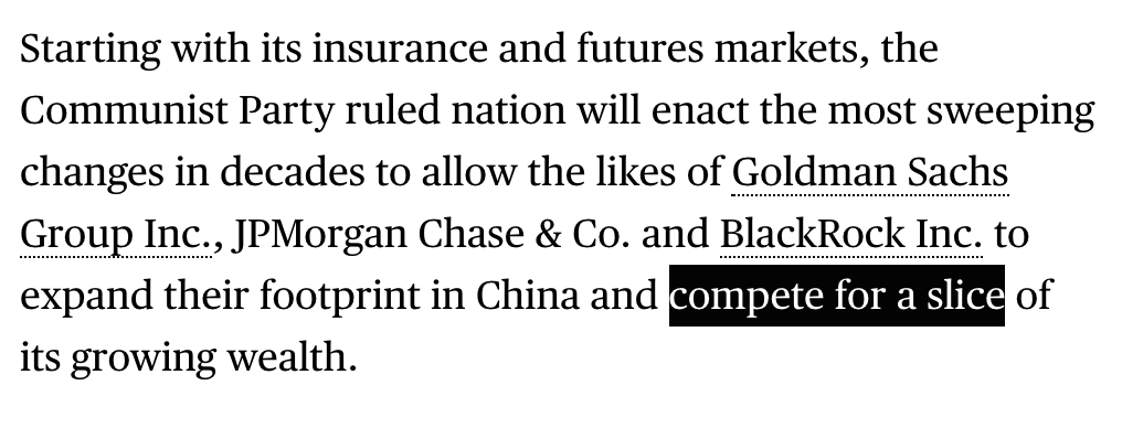 The trade war attempted to pry open China's domestic market to U.S. finance firms. Look at Bloomberg salivating over getting a "slice" of China's "45 trillion dollar market." This is the crux of U.S. economic aggression on China.