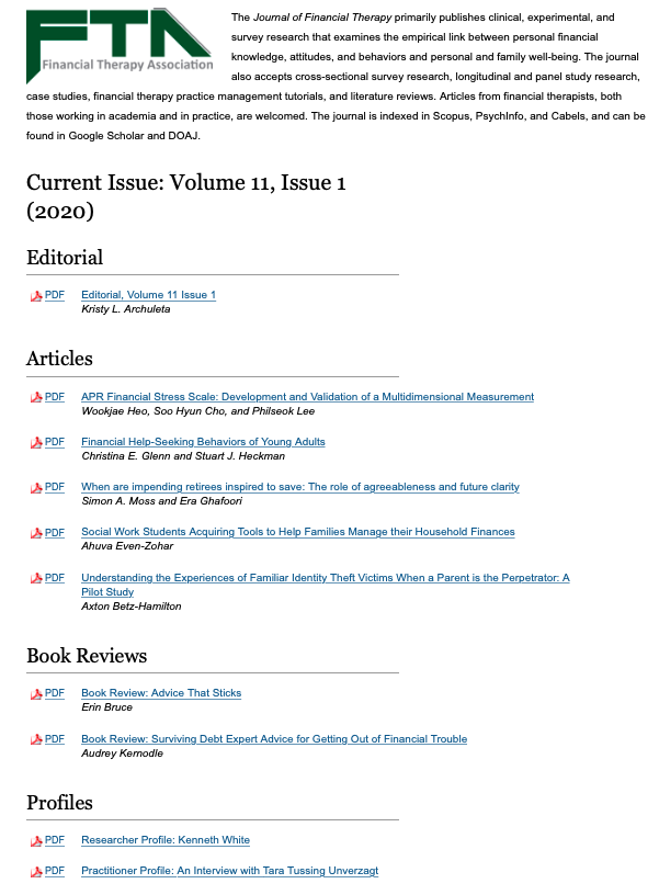 I'm so excited to announce that the new issue of the Journal of Financial Therapy is available. It is an open source journal meaning that the article are not behind a pay wall! Check out all the interesting articles and let us know what you think: newprairiepress.org/jft/