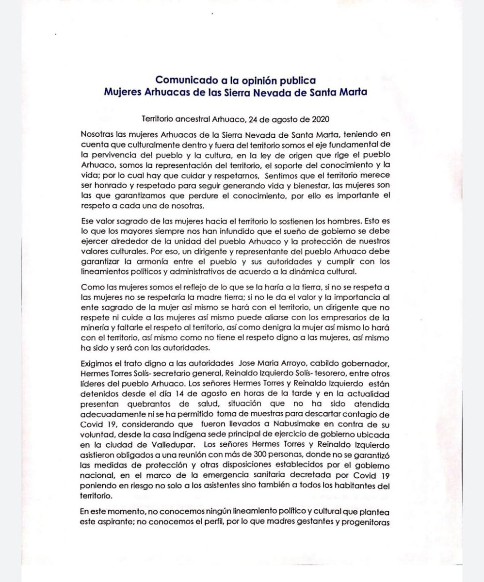 FundemocraciaBq's tweet photo. Comunicado a la Opinión Pública de las Mujeres Arhuacas de La Sierra Nevada de Santa Marta. Nos solidarizamos con su sentir, las acompañamos y abrazamos, y exigimos investigación inmediata de estos graves hechos que hoy denuncian. @FiscaliaCol  @MinInterior @DefensoriaCol https://t.co/ECWhxdghdv