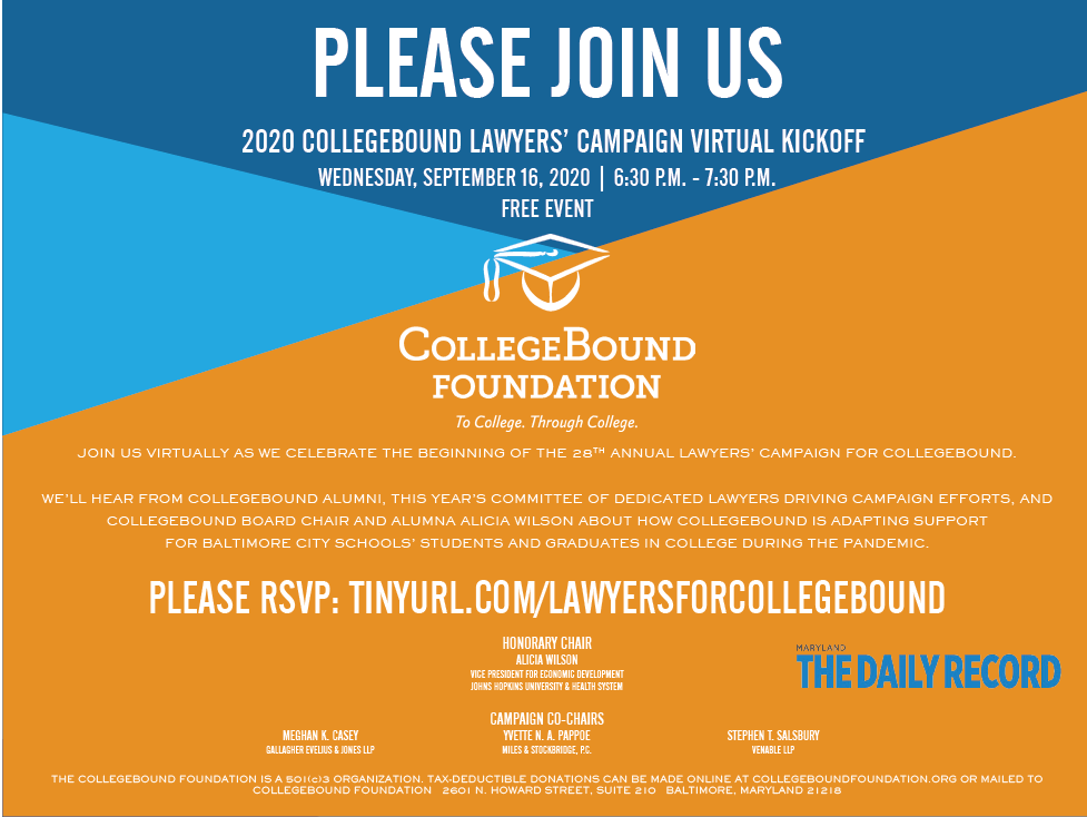 Check out today’s issue of <a href="/MDDailyRecord/">The Daily Record</a> for your invitation to the 28th annual Lawyers’ Campaign Virtual Kickoff on Wednesday, September 16th at 6:30 pm! RSVP here (and invite a friend to the FREE event!): tinyurl.com/lawyersforcoll….  #bmorecollegebound