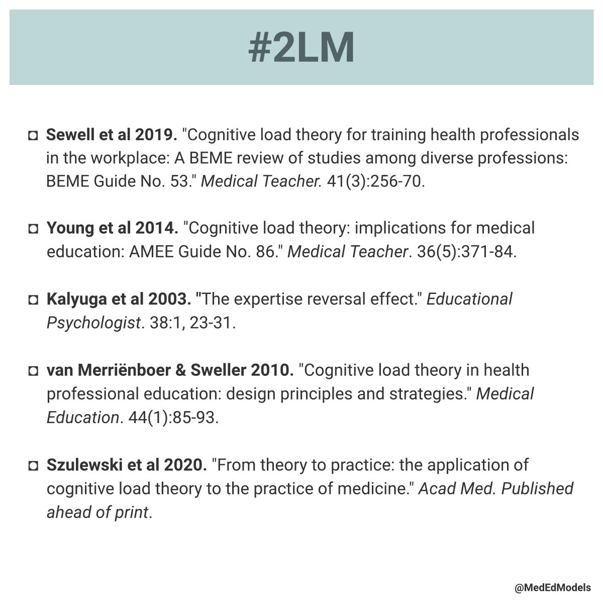  #MEM is just a primer! So let us set you up To Learn More ( #2LM)!Check out the work of these incredible scholars:  @GIMedEd  @JQ_Young  @Adam_Szulewski  @LaurenMaggio  @olletencate  @posucsf Particularly in: @AcadMedJournal  @MedEd_Journal  @MedTeachJournal