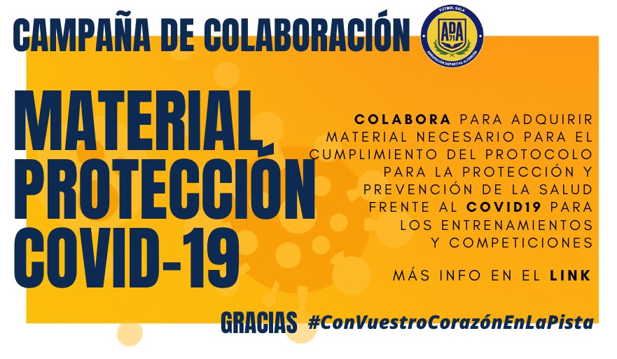 CAMPAÑA COLABORACIÓN

Agradecemos cualquier colaboración para la adquisición de material necesario para cumplir con Protocolo #Covid19

✔Mascarillas, gel desinfectante, tests, termómetros, petos, bidones...

Puedes colaborar AQUÍ👇🏻
cutt.ly/wfje2D6

G R A C I A S  de  💛